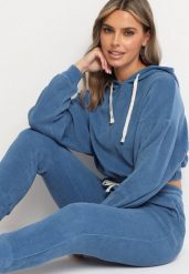 Granatowy Komplet Dresowy z Bawełną Krótka Bluza z Kapturem i Spodnie z Gumką w Pasie Gesaria. Niebieskie bluzy z kapturem damskie Born2be, l, z bawełny. Za 139.99 zł.