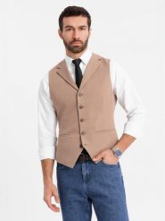 Dopasowana elegancka kamizelka męska z elastanem i klapami – brązowa V1 OM-BLZV-0145 - XXL. Brązowe kamizelki męskie Ombre Clothing, l, z dzianiny. Za 143.99 zł.