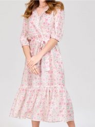 Sukienka midi w kwiaty z wiązaniem - wielobarwny. Sukienki damskie Sinsay, l, bez wzorów, bez kołnierzyka, bez ramiączek, midi. Za 59.99 zł.