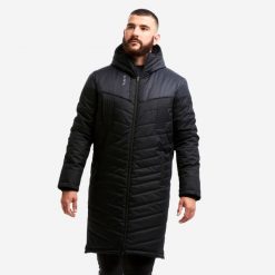 Długa parka do piłki nożnej. Czarne parki męskie KIPSTA, l, bez wzorów. Za 349.99 zł.