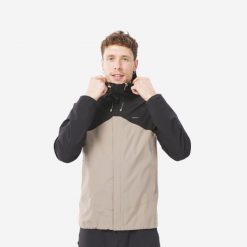 Kurtka turystyczna męska, Quechua MH150, wodoodporna. Brązowe kurtki męskie QUECHUA, l, bez wzorów, z materiału, sportowe, bez kaptura. Za 199.99 zł.