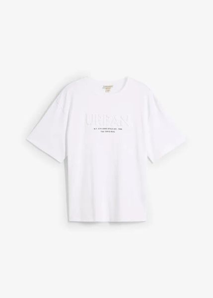 T-shirt z nadrukiem 3D z czystej bawełny organicznej, loose fit. Białe t-shirty męskie bonprix, m, bez wzorów, z bawełny, bez kołnierzyka. Za 64.99 zł.