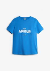 T-shirt 2w1 na okres ciąży i do karmienia z bawełny organicznej. Niebieskie t-shirty damskie bonprix, bez wzorów, z bawełny, bez kołnierzyka. Za 79.99 zł.