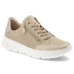 Beżowe Półbuty Rieker Modne Obuwie Damskie. Brązowe półbuty damskie Rieker, bez wzorów, z jeansu, eleganckie, bez obcasa. Za 359.00 zł.