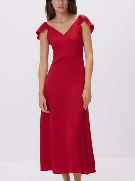 Sukienka midi z falbaną - czerwony. Czerwone sukienki damskie Reserved, l, bez wzorów, z dzianiny, bez kołnierzyka, bez ramiączek, midi, rozkloszowane. W wyprzedaży za 45.99 zł.