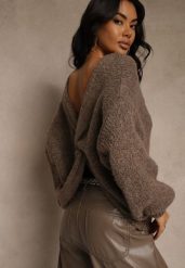 Jasnobrązowy Oversizowy Sweter z Dodatkiem Wełny Zdobiony Węzłem Lawedana. Brązowe swetry klasyczne damskie Renee, l, z wełny, bez kołnierzyka. Za 139.99 zł.