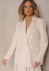 Jasnobeżowa Marynarka Dwurzędowa z Usztywnionymi Ramionami Emivori. Brązowe marynarki i żakiety damskie Renee, l, bez wzorów, z jeansu, eleganckie. Za 109.99 zł.