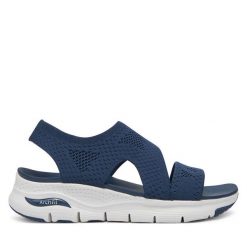 Sandały Skechers. Niebieskie sandały damskie Skechers, bez wzorów, bez obcasa, na płaskiej podeszwie. Za 219.99 zł.