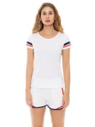 Koszulka sportowa damska z krótkim rękawem. Białe bluzki sportowe damskie LEONE 1947 APPAREL, s, bez kołnierzyka, bez ramiączek. Za 176.82 zł.