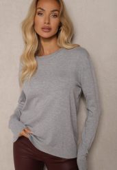 Szary Klasyczny Sweter z Bawełną o Prostym Kroju Savianara. Szare swetry klasyczne damskie Renee, z bawełny, bez kołnierzyka. Za 44.99 zł.
