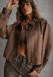 Brązowa Kurtka Bomberka Oversize z Paskami przy Rękawach Lann. Brązowe kurtki damskie Renee, na wiosnę, l, bez wzorów, z jeansu, bez kaptura. Za 189.99 zł.