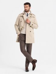 Elegancki męski płaszcz trencz SLIM FIT z paskiem – beżowy V1 OM-COSC-0126 - XXL. Brązowe płaszcze męskie Ombre Clothing, l, bez wzorów, z materiału, eleganckie. Za 251.99 zł.
