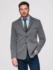 Dzianinowa marynarka męska o dopasowany kroju SLIM FIT - grafitowa V1 - Rozmiar: S. Szare marynarki męskie Ombre Clothing, bez wzorów, z bawełny. W wyprzedaży za 265.99 zł.
