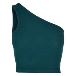 Damski asymetryczny crop top Urban Classics. Zielone topy damskie Urban Classics, bez wzorów, z asymetrycznym kołnierzem. Za 90.00 zł.