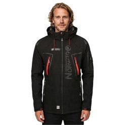 Męska Kurtka Soft Shell Techno. Brązowe kurtki męskie Geographical Norway, m, z aplikacjami, z elastanu, z kapturem. Za 475.90 zł.