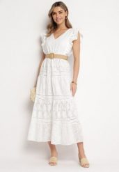 Biała Koronkowa Sukienka Maxi o Rozkloszowanym Fasonie z Falbankami Wilea. Białe sukienki damskie Born2be, na imprezę, m, bez wzorów, z koronki, bez kołnierzyka, bez ramiączek, maxi, rozkloszowane. Za 159.99 zł.
