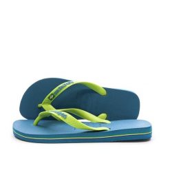 Klapki Havaianas Brasil Logo. Niebieskie klapki damskie Havaianas, bez wzorów, z materiału, bez obcasa. Za 165.50 zł.