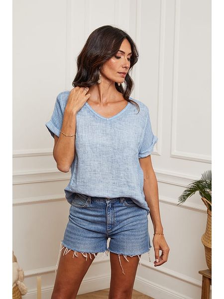 Fleur de Lin Lniana koszulka "Fabioza" w kolorze błękitnym rozmiar: XL. Niebieskie bluzki damskie Fleur de Lin, xl, bez wzorów, ze lnu, bez kołnierzyka. Za 109.00 zł.