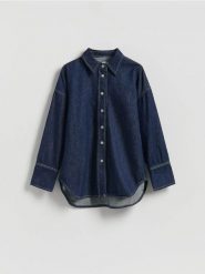 Jeansowa koszula - granatowy. Niebieskie koszule damskie Reserved, l, bez wzorów, z bawełny, bez kołnierzyka, bez ramiączek. Za 159.99 zł.