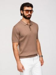 Męska koszulka polo z wiskozą SLIM FIT w pionowy prążek – jasnobrązowa V5 - Rozmiar: XXL. Brązowe koszulki polo męskie Ombre Clothing, m, bez wzorów, z dzianiny, bez ramiączek. W wyprzedaży za 73.50 zł.