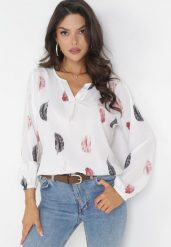 Biała Bluzka z Wiskozy w Ozdobny Nadruk Sigona. Białe bluzki damskie Born2be, xl, z aplikacjami, z tkaniny, bez kołnierzyka, bez ramiączek. Za 29.99 zł.