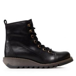 Botki Fly London. Czarne botki damskie Fly London, bez obcasa, na płaskiej podeszwie, bez zapięcia. Za 629.99 zł.