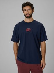 4F T-shirt loose z nadrukiem męski - granatowy M. Niebieskie t-shirty męskie 4f, m, bez wzorów, z bawełny, bez kołnierzyka. Za 79.99 zł.