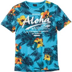 T-shirt Slim Fit bonprix turkusowy z nadrukiem. Niebieskie t-shirty męskie bonprix, l, bez wzorów, bez kołnierzyka. Za 44.99 zł.