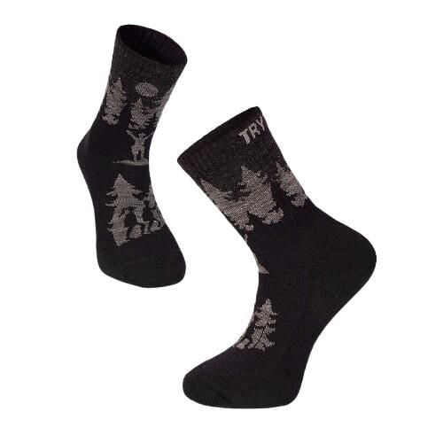 Skarpety trekkingowe z wełny merynosowej z czarnymi motywami wspinaczkowymi. Czarne skarpetki damskie TRY TO FLY, bez wzorów, z wełny. W wyprzedaży za 83.39 zł.