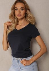 Granatowy T-shirt Mirasura. Niebieskie t-shirty damskie Renee, l, bez wzorów, z dzianiny, bez kołnierzyka. Za 19.99 zł.