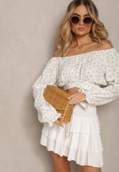 Biało-Miętowa Bluzka w Kwiatowy Print z Wiązaniem pod Biustem Dequoia. Białe bluzki damskie Renee, bez wzorów, bez kołnierzyka, bez ramiączek. Za 54.99 zł.