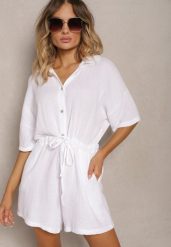 Biały Bawełniany Kombinezon Muślinowy Ozdobiony Troczkami Zapinany na Guziki Dlissa. Białe kombinezony damskie Renee, s, bez wzorów, z bawełny, eleganckie, bez kołnierzyka, bez ramiączek. Za 89.99 zł.