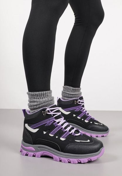 Czarno-Fioletowe Buty Trekkingowe Traperki Vices ze Sznurowaną Cholewką Afellie. Czarne obuwie trekkingowe damskie Renee, bez obcasa. Za 59.99 zł.