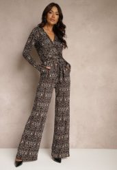 Brązowy Kopertowy Kombinezon Zdobiony Ornamentalnym Wzorem Mesiera. Brązowe kombinezony damskie Renee, na zimę, l, z aplikacjami, eleganckie, bez kołnierzyka, bez ramiączek, długie. Za 129.99 zł.
