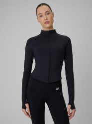 4F Bluza treningowa slim szybkoschnąca damska - czarna S. Czarne bluzy sportowe damskie 4f, s, bez wzorów, ze skóry, bez ramiączek, bez kaptura. Za 199.99 zł.