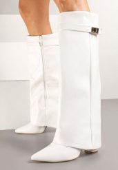 Białe Kozaki z Szeroką Cholewką i Szpiczastym Noskiem Jazmynn. Białe kozaki damskie Born2be, ze szpiczastym noskiem, przed kolano, bez obcasa, na obcasie. Za 169.99 zł.