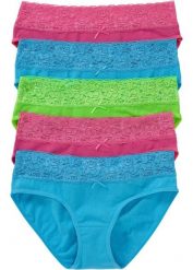 Figi z miękką bawełną i koronką (5 par). Niebieskie figi damskie bonprix, bez wzorów, z bawełny. Za 64.99 zł.