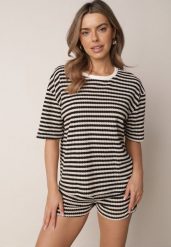 Beżowo-Czarny Komplet Bawełniany z Dzianiny Szorty i T-shirt o Luźnym Kroju w Paski Proseltte. Brązowe szorty damskie Born2be, bez wzorów, z bawełny, eleganckie. Za 159.99 zł.