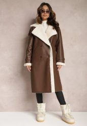 Brązowy Dwurzędowy Płaszcz Oversize z Imitacji Skóry i Futerkiem Vess. Brązowe płaszcze damskie Renee, m, z aplikacjami, ze skóry. Za 349.99 zł.