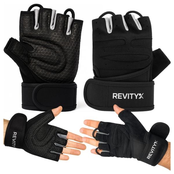 Rękawiczki treningowe na siłownię z usztywniaczem nadgarstka i pętlami 2 w 1. Czarne rękawiczki damskie REVITY, bez wzorów, z poliesteru. Za 69.99 zł.