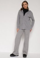 Ciemnoszary Komplet z Wełną i Bawełną Szerokie Spodnie i Rozpinana Bluzka z Kapturem Reikania. Szare spodnie materiałowe damskie Born2be, bez wzorów, z bawełny, casualowe. Za 139.99 zł.