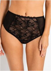 Koronkowe stringi z wysokim stanem. Czarne stringi damskie bonprix, bez wzorów, z koronki. Za 44.99 zł.