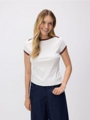 Bawełniany t-shirt - złamana biel. T-shirty damskie Reserved, l, bez wzorów, z bawełny, bez kołnierzyka. W wyprzedaży za 22.99 zł.