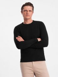 Męski klasyczny sweter z wiskozą BASIC z okrągłym dekoltem – czarny V2 OM-SWBS-0106 - XXL. Czarne swetry męskie Ombre Clothing, l, bez wzorów, z wiskozy, bez kołnierzyka. W wyprzedaży za 89.99 zł.