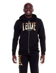 Męska bluza z kapturem i zamkiem błyskawicznym w kolorze złotym. Czarne bluzy sportowe męskie LEONE 1947 APPAREL, bez wzorów, z bawełny, sportowe, bez kołnierzyka, bez ramiączek. Za 191.50 zł.