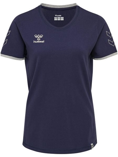 Koszulka bawełniana hummel CIMA T-SHIRT damska. Niebieskie bluzki sportowe damskie HUMMEL, xl, z bawełny, bez kołnierzyka, bez ramiączek. Za 95.99 zł.