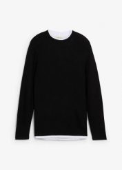 Strukturowany sweter 2 w 1, z bawełną. Czarne swetry męskie bonprix, m, bez wzorów, z bawełny, bez kołnierzyka. Za 109.99 zł.