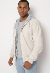 Jasnobeżowa Kurtka Bomberka Zapinana na Napy Wykończona Ściągaczem Nevelisea. Brązowe kurtki męskie Born2be, l, bez wzorów, z jeansu, eleganckie, bez kaptura. Za 129.99 zł.