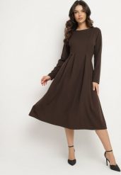 Brązowa Elegancka Sukienka Rozkloszowana Temarielis. Brązowe sukienki damskie Born2be, m, bez wzorów, eleganckie, bez kołnierzyka, bez ramiączek, midi, oversize. W wyprzedaży za 111.99 zł.