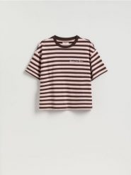 T-shirt w paski z nadrukiem - pastelowy róż. Czerwone t-shirty damskie Reserved, l, bez wzorów, z bawełny, bez kołnierzyka. Za 49.99 zł.